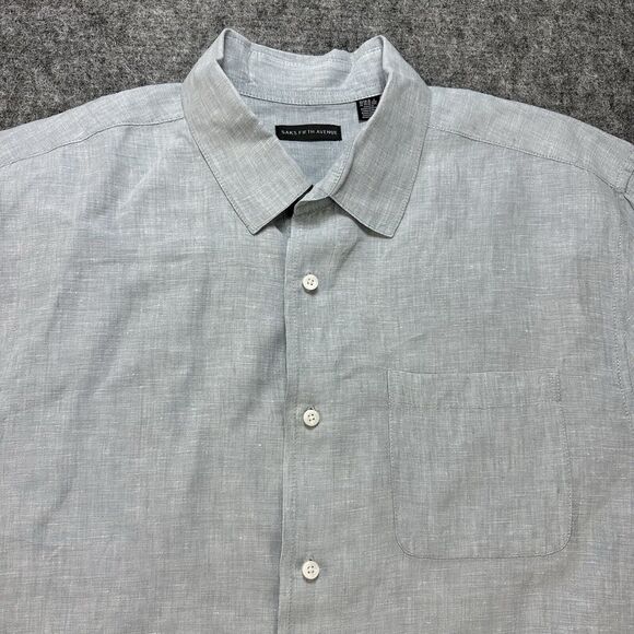 Saks Fifth Avenue Shirt Mens XL Blue Linen Button Up Short Sleeve EUC - Picture 2 of 9